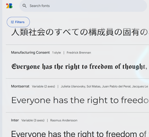 A screenshot of Google Fonts showing a gothic font called "Manufacturing Consent"