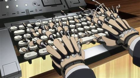 A mechanical hand splits fingers into multiple smaller fingers in a 80s cyberpunk style. The original is from "ghost in the shell" OAV. Cheers